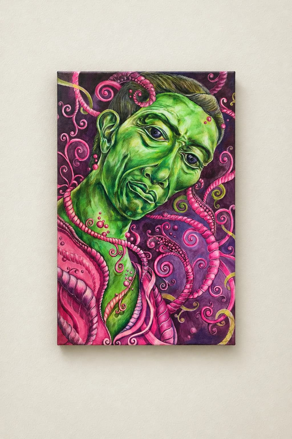 Artwork: Portrait vert aux volutes roses